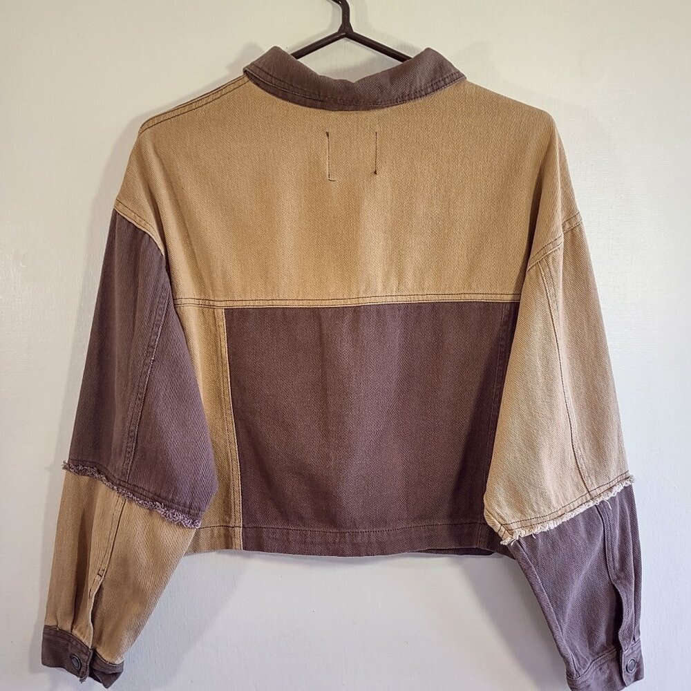 Angel Kiss Crop Brown Denim Jacket Colorblock Distressed Grunge Boxy Junior XL - Picture 3 of 6